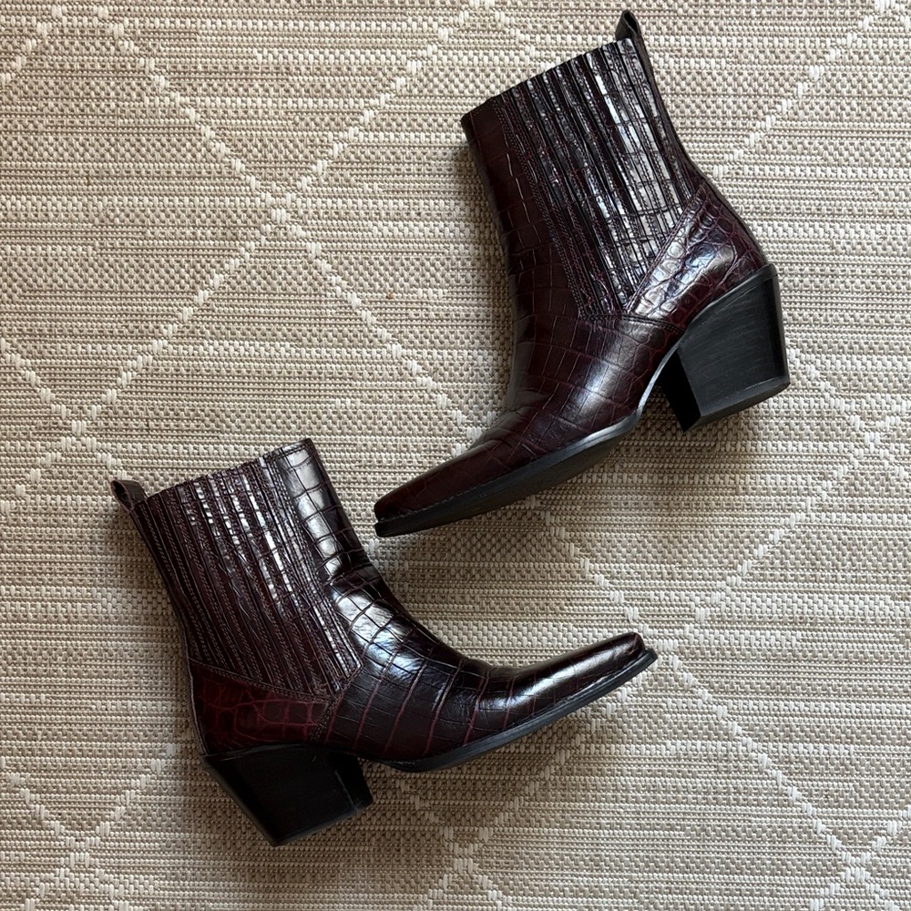 Zara Burgundy Croc-Embossed Leather Ankle Boots - Picture 6 of 10